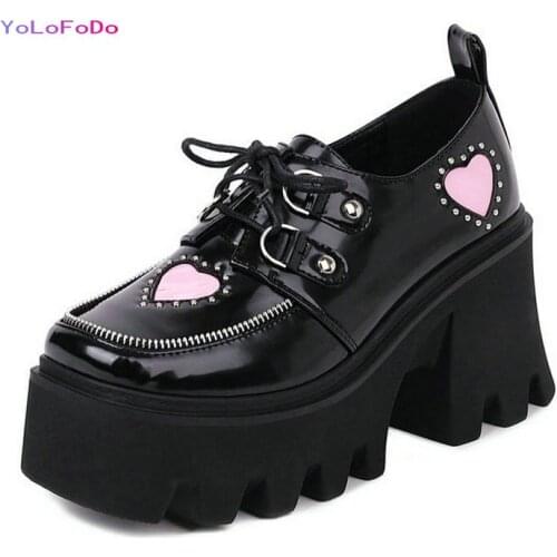 2021 Plus Size Women High Heel Shoes Platform Square High Heel Women Pumps Patent PU Leather Lace Up Ladies Motorcycle Shoes