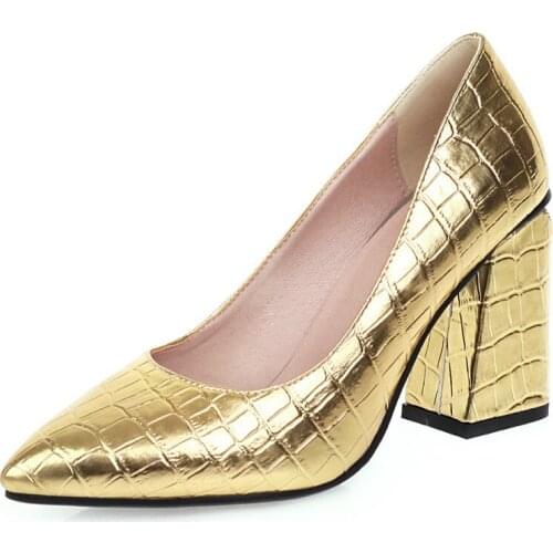 High Heels Women Pumps Pointed Toe Block High Heels Female Shoes Elegant Party Pumps Gold Silver Spring Plus Size 33 44 45 46