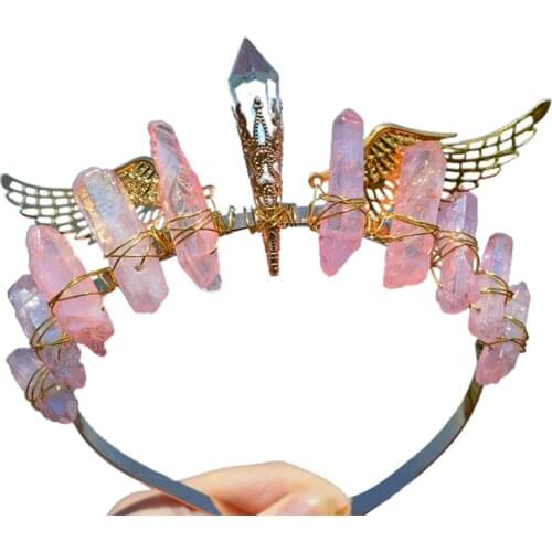 Handmade Colorful Raw Crystal Quartz Crown Headband Retro Angel Wing Tiara Halo Hairband Antique Wedding Headdress