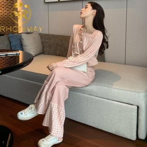 Women Knitted Cardigan Long Sleeve Sweater Coat + Wide Leg Pants Sets Elegant Square Collar Tops Trousers 2 Piece Set Plaid Suit