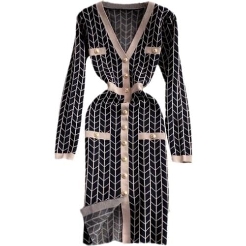 New Spring Autumn Women Sexy V-Neck Long Sleeve Slim Dress Fashion Geometry Single-breasted Knitted Dress