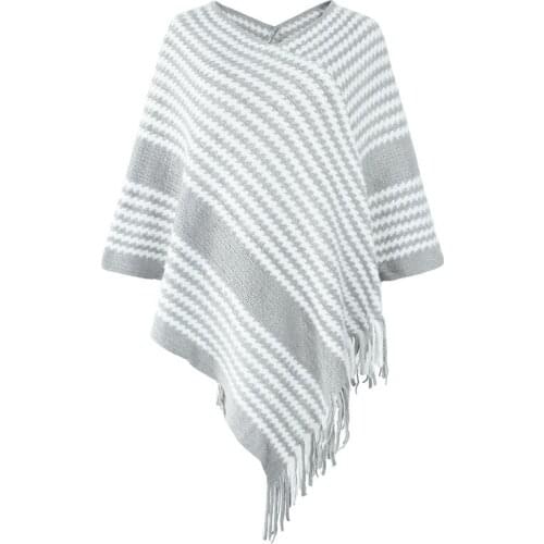 2021 Autumn Winter V-Neck Irregular Hem Tassels Coat Women Striped Knitted Pullover Sweaters Poncho Knitting Capes Cloak Sweater
