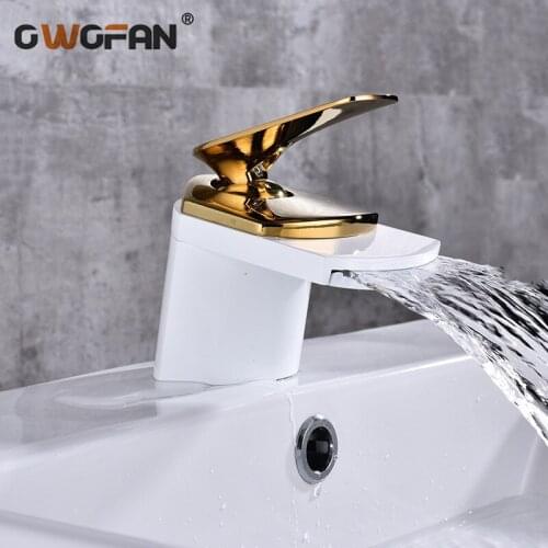 Bathroom Gold Waterfall Faucets Deck Mounted Basin Mixer Tap Brushed Sink Tap Vanity Hot Cold Water Faucet Basin Mixer Taps 429