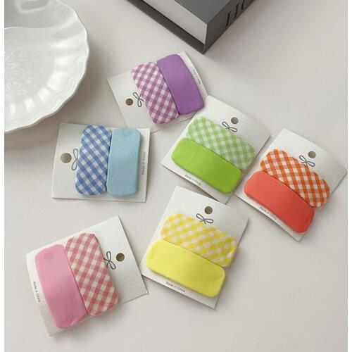 2 Pcs Set Candy Colors Plaid Sweet Girl Princess Hairpins Fashion Cute Children Printed Lattice Fabric BB Clip Hair Accessories