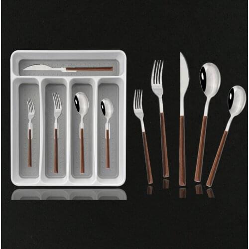 30Pcs Stainless Steel Flatware Set Wooden Silver Dinnerware Cutlery Set Kitchen Knife Fork Tea Spoon With Plastic Storage Tray