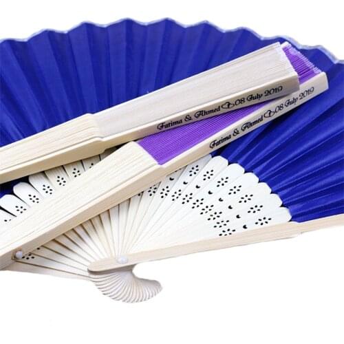 50pcs/lot Custom Folding Fan Personalized Bride & Grooms Name & Date Silk Wedding Hand Fan with Gift Box in 13 colors