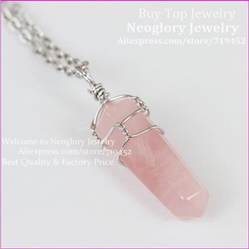 6pcs Natural Hexagon Healing Point Pink Quartz Druzy Quartz Pendant Necklace Metal Wire Wrapped Gems Stone Pendant Necklace