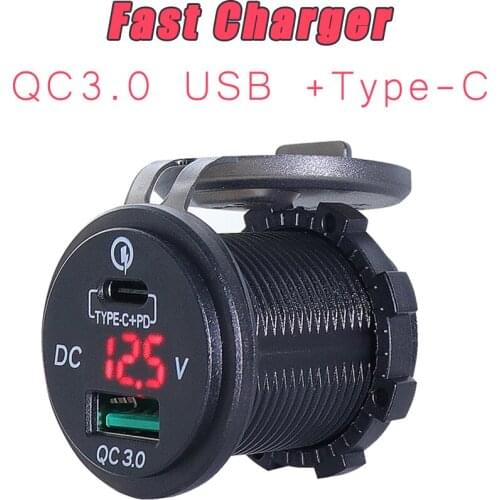 Motorcycle RED LED PD Fast Charger Adapter igital Display QC3.0 USB +Type-C 12V/24V