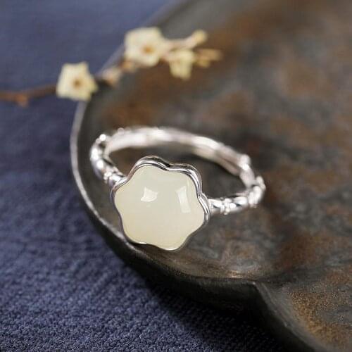 Antique Style S925 Sterling Silver Hetian Jade Natural Jade Ring Simple Personality Retro Temperament Ring Ring Womens Open