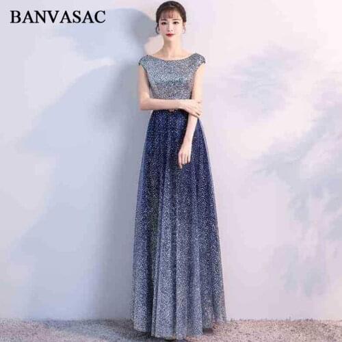 BANVASAC Starry Sky O Neck Short Cap Sleeve A Line Long Evening Dresses Party Crystal Sash Backless Prom Gowns