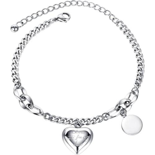 Womens Bracelet Stainless Steel Love Heart Round Pendant Chain Bangle Fashion Jewelry Gift For Girls