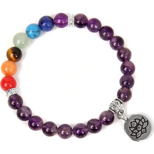 7 Chakra Bracelets Natural 8 mm Amethysts Beads Bangle Buddhism Lotus Charm Bracelet Men Reiki Stone Pulsera Women Yoga Jewelry