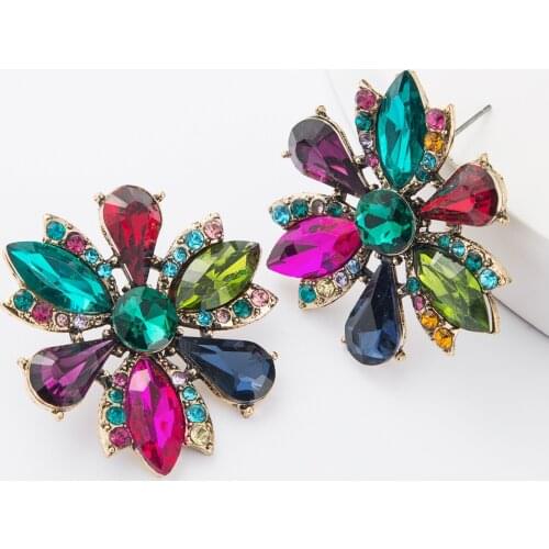 Full Crystal Rhinestone Flowers Big Earrings Women Vintage Statement ZA Earrings Jewelry Female Luxury Retro Indian Earrings