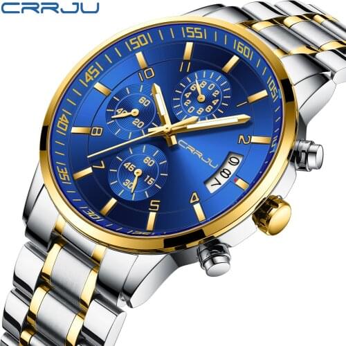 CRRJU Watches Mens Sport Quartz Chronograph Wristwatches Luxury Stainless Steel Clock with Luminous Watch Relogio Masculino