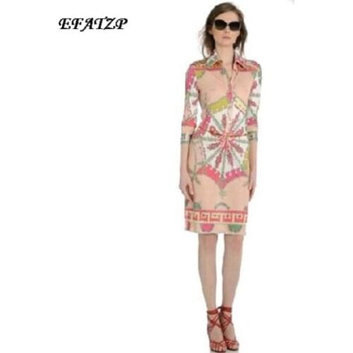 European Luxury Designer Dress Women' 3/4 Sleeve Pink Geometric Printed Stretch Plus Size XXL Jersey Silk Dress