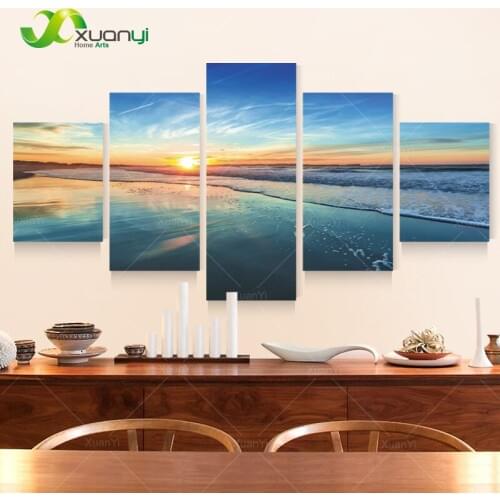 5 Piece Canvas Art Blue Sunset Seascape Paintings Modular Picture Wall Art Seascape Oil Painting For Living Room Unframed PF1206