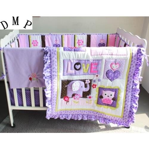 7PCS Purple baby bedding set baby crib bedding sets nursery bedding ,(4bumper+duvet+bed cover+bed skirt)