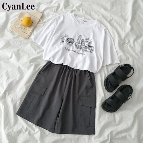 Cyanlee Short Set Women Harajuku Two-piece Suit Female Cactus Printed Short-sleeved Top+ High Waisted Wide Leg Short 2020 Summer