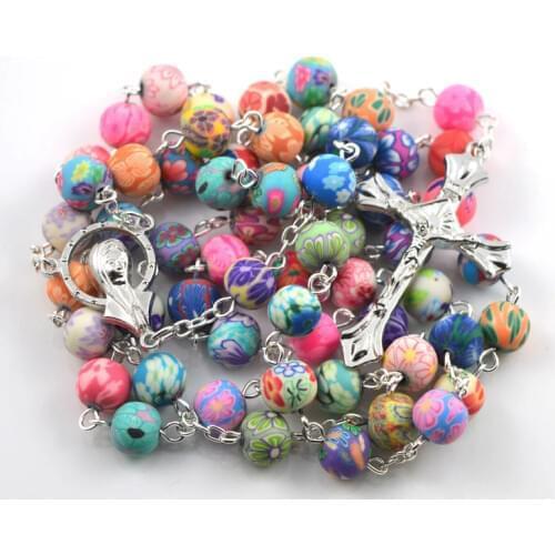 Colorful Catholic Rosary Necklace Polymer Clay Round Bead Our Lady of Fatima Lourdes Guadalupe Mary Center Medals