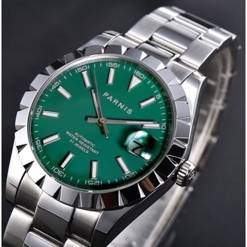 Parnis Green Dial Mens Watches Calendar Miyota 8215 Movement 21 Jewels Automatic Mechanical Mens Wristwatch 2020 With Box Gift