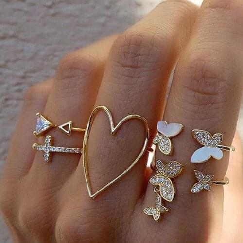 Zircon Butterfly Cluster Hollow Big Love Heart Rings Set Geometric Triangle Cross Open Finger Bands Gold Color Women Jewelry