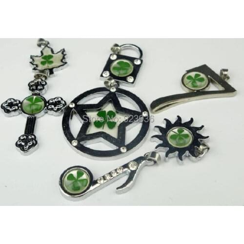 Real Green Shamrock 7 PCS Real Four-Leaf Clover Mix shaped Pendant Necklace Good Lucky Gift