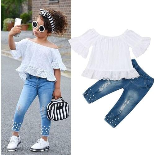 1-6Y Kids Baby Girls Clothes Set 2021 Summer Off Shoulder Flare Sleeve White Tops + Pearl Ripped Denim Pants Children Outfits