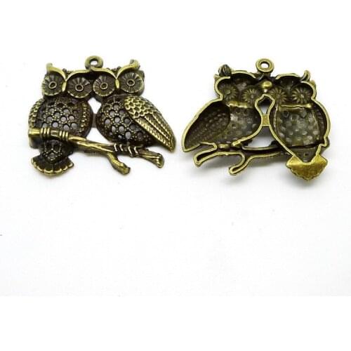 ALYMMO 5pcs/lot Antique Bronze Couple Owl Charms 41x41mm Metal Bird Jewelry Crafts