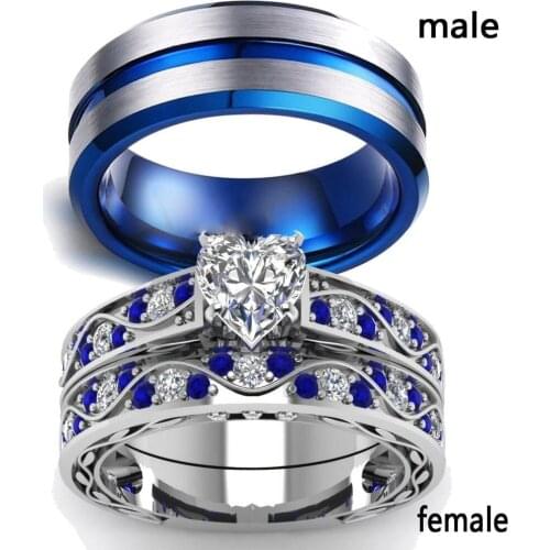 Romantic blue rhinestone couple ring, wedding engagement fashion jewelry Party accessories 2019