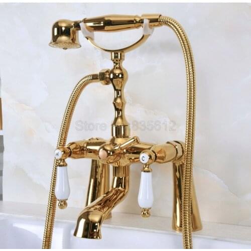 Deck Mounted Gold Color Brass Bathroom Tub Faucet Set + Hand Shower Head Luxury Dual Handle Shower Faucets tna141