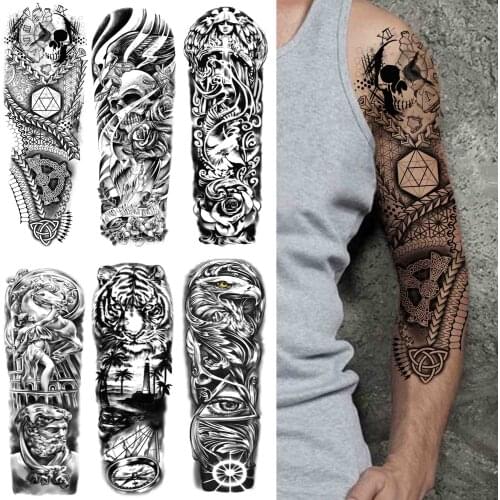 Full Arm Skull Maori Temporary Tattoos For Men Women Adult Fake Tiger Forest Flower Tattoo Sticker Sleeve Triangle Black Tatoos
