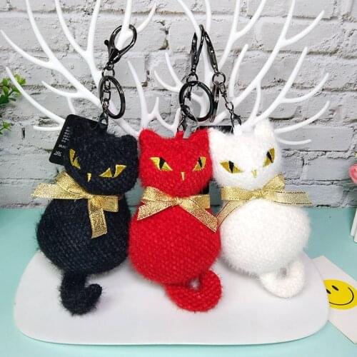 WANGAIYAO Creative Plush Knitted Kitten Pendant Cute Cat School Bag Ornament Cartoon Doll Keychain Holiday Birthday Gift