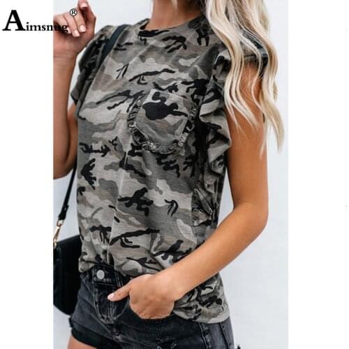 Aimsnug Women Army Camouflage Tops Ladies Short Sleeve Front Pocket Casual Loose Tee Shirt 2020 Leopard Print Female T-Shirt