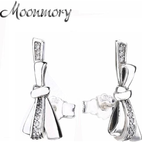 Moonmory Authentic 925 Sterling Silver Brilliant Bow Knot Stud Earrings For Women Fashion Jewelry Making 2018 Mothers Day Gifts