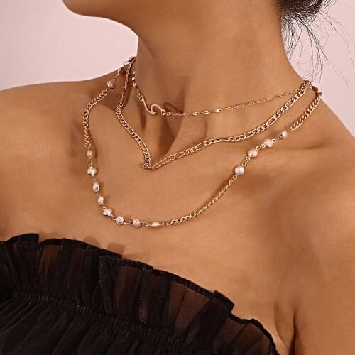 Wave Choker Figaro Clavicle Chain Layered Necklaces for Women Gold Color Imitation Pearls Necklace Female 2021 Fashion Jewelry