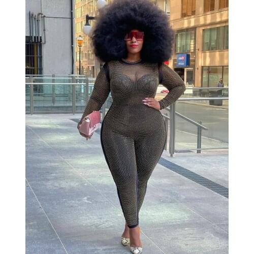 Plus Size Skinny Sexy Mesh Jumpsuit Long-sleeved Net Gauze One Piece Set Autumn Clothes Women Trendy Wolesale Drop Shipping