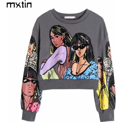 2021 Women Oversized Character Print Sweatshirt Vintage O Neck Long Sleeve Female Short Pullovers Hip Hop Sudaderas