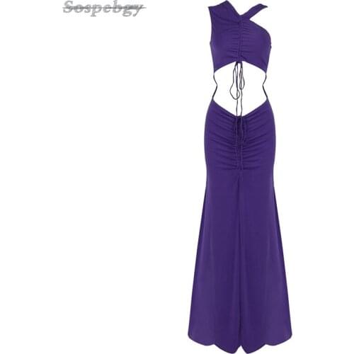 Summer New Style Purple White Hollow Drawstring Long Skirt Women Sexy V-neck Bodycon Dress 2021 Elegant Elastic Club Party Dress