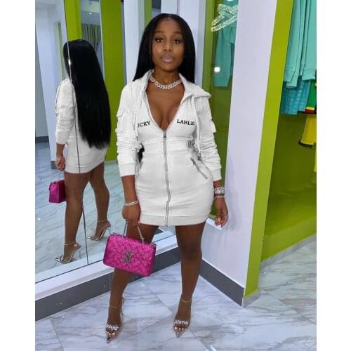 Women Sweatshirt Dress Clothing Lucky Label Letter Print Long Sleeve Hooded Hoodie Fashion Zipper Skinny Robe Femme
