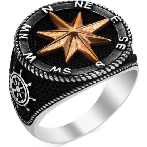 925 Sterling Silver Compass Mens Ring Nautical with Ring with Compass and Helm Silver Sailor Ring for Men