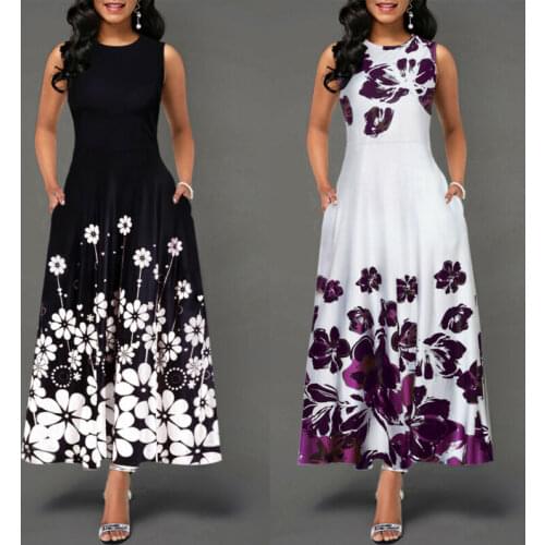 Women Vintage O Neck Floral Print Dress Floral Dress Sleeveless Evening Party Long Dress Lady Officer Dress