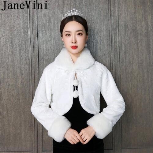 JaneVini Winter Wedding Coats for Brides Long Sleeve Party Bolero Bridal Faux Fur Cape Wrap Wedding Jackets Women Capelet Shrugs