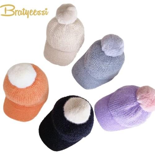 Winter Baby Bobble Hat with Fur Ball Knit Baseball Cap Kids Hats Caps for Children Pompom Baby Hats for Boys Girls 1-3Y