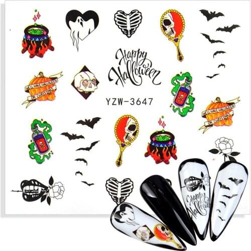1 Sheet Halloween Water Transfer Nail Art Stickers Decals Cute Cartoon Pumpkin Skull Design Nails Decorations DIY Manicure Tools