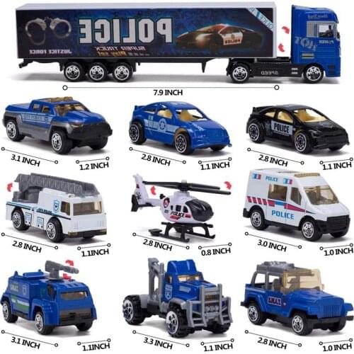 10-In-1 Police Transport Truck, Mini Die-Cast Toy Car, Loaded Car Toy Set