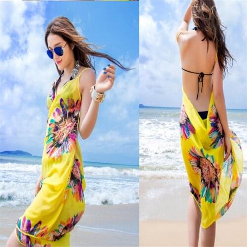 2021 Printed Cover-ups Sexy Beach Dress Women Halter Sling Chiffon Beach Towel Bikini Wrap Pareo Skirts Open-back Swimwear
