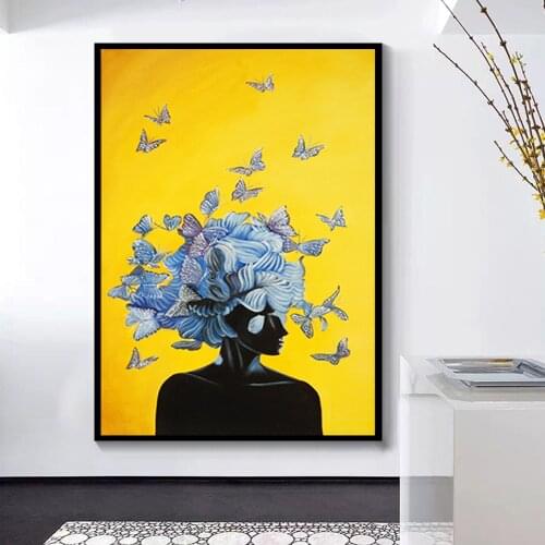 Abstract Girl With Butterfly Canvas Painting Wall Pictures Big Yellow Wall Art for Living Room Hotel Modern Canvas Art And Print