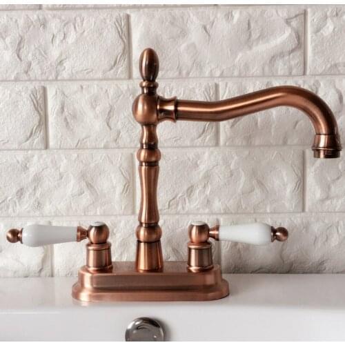 Antique Red Copper Brass Deck Mounted Dual Ceramic Handles 4" Center Hole Bathroom Two Holes Basin Faucet Mixer Taps mrg049