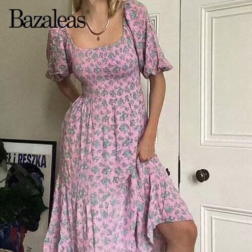 Bazaleas Vintage Blue Floral Print Pink Vestidos Palace Puff Sleeve Women Midi Dress Ruffles Backless Bandage Dresses