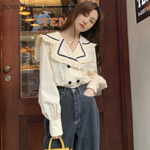 Blouses Women Peter Pan Collar Spring Students Sweet Causal Loose Spring Korean Style Button Female Preppy Ulzzang Ins Trendy